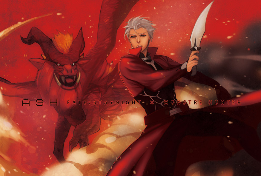 1boy archer_(fate) bad_id bad_pixiv_id bat_(animal) capcom crossover dark-skinned_male dark_skin dragon fate/stay_night fate_(series) jun_(ash) kanshou_&amp;_bakuya_(fate) male_focus monster_hunter_(series) monster_hunter_frontier solo sword teostra weapon white_hair wyvern