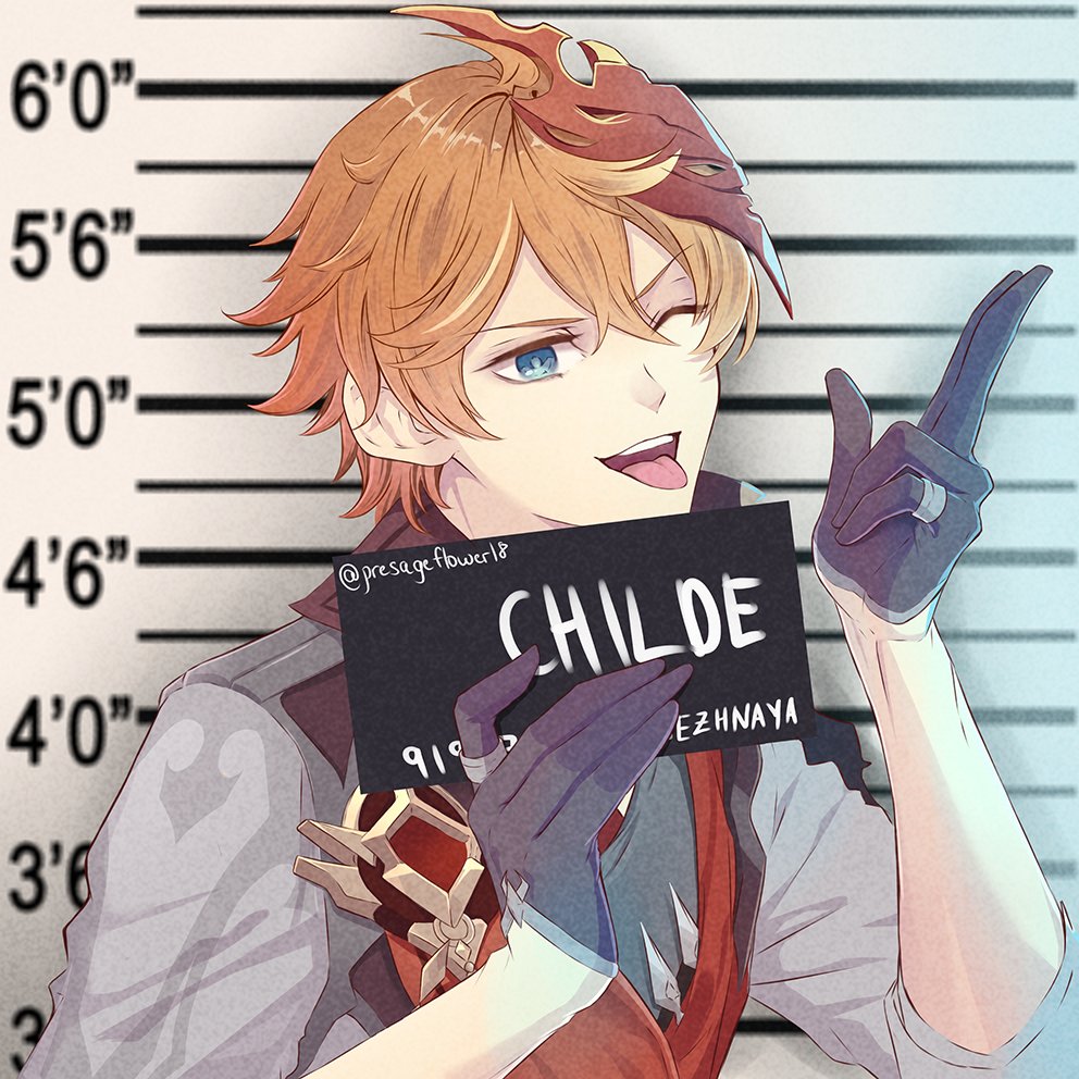 1boy barbie_mugshot_(meme) black_gloves blue_eyes commentary english_commentary genshin_impact gloves half_gloves height_chart height_mark holding holding_sign jewelry male_focus mask mask_on_head meme mugshot nameplate one_eye_closed open_mouth orange_hair phlower_luna ring sign sleeves_rolled_up smile solo tartaglia_(genshin_impact) tongue tongue_out