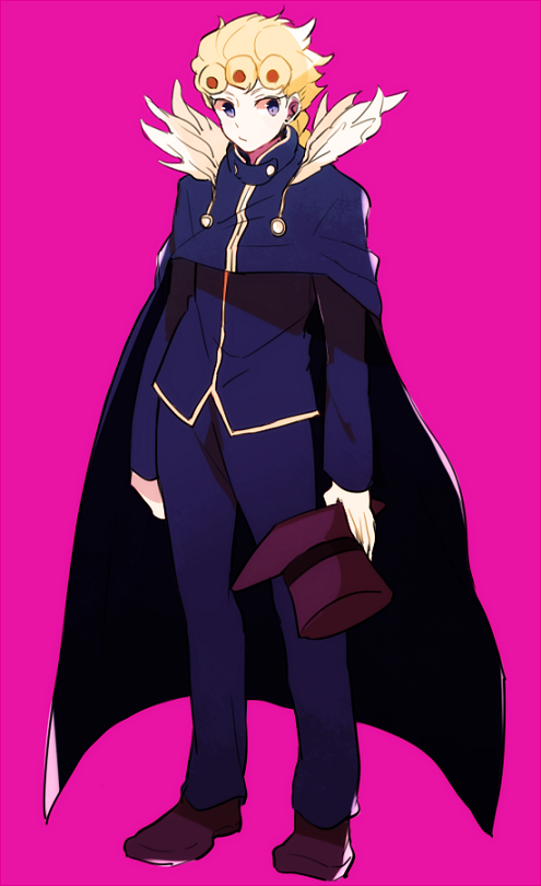 1boy blonde_hair blue_eyes cape cosplay dio_brando dio_brando_(cosplay) feathers giorno_giovanna giorno_giovanna_(cosplay) hat jojo_no_kimyou_na_bouken male_focus solo vento_aureo xxxceller