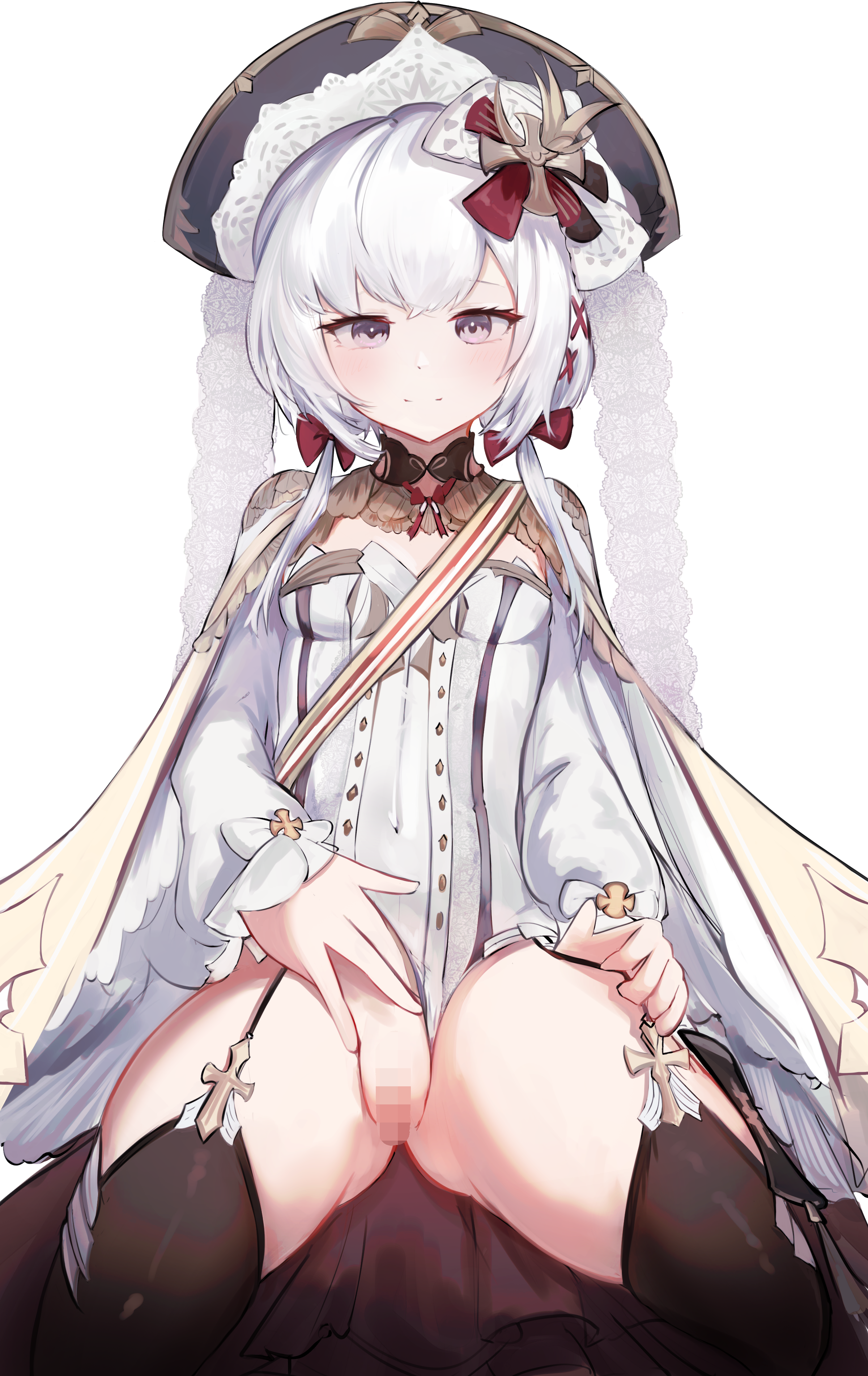 1girl absurdres azur_lane black_thighhighs blush bow breasts buttons censored closed_mouth coat commentary_request covered_navel cross cross_fitchy cross_hair_ornament cross_patty double-breasted flandre_(azur_lane) garter_straps gluteal_fold grey_eyes hair_bow hair_ornament hand_on_own_crotch hand_on_own_thigh hat highres latin_cross leotard light_smile long_sleeves looking_at_viewer mizuhashi_parusui mosaic_censoring pussy simple_background sitting sleeves_past_wrists small_breasts solo spread_legs thick_thighs thighhighs thighs white_background white_coat white_hair white_leotard