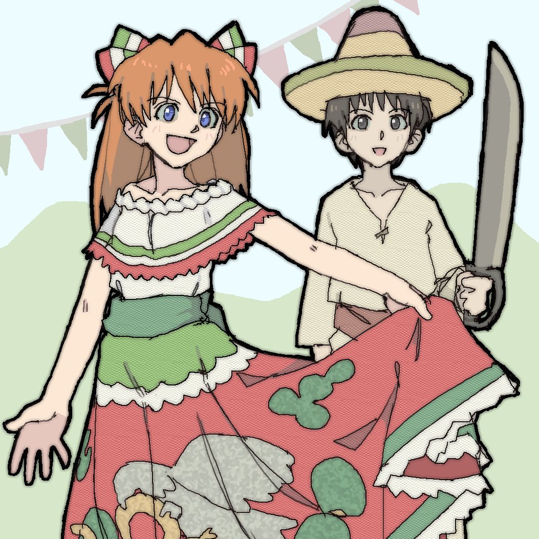 1boy 1girl :d bare_shoulders black_outline blue_eyes brown_eyes brown_hair brown_hat brown_pants brown_shirt bunting dress embroidery frilled_dress frills from_side green_dress green_hat green_ribbon hair_ribbon hat holding_machete ikari_shinji light_blush long_hair looking_afar looking_ahead looking_at_viewer machete mexican_clothes mexican_dress mexico mountainous_horizon multicolored_dress multicolored_ribbon neon_genesis_evangelion off-shoulder_dress off_shoulder open_mouth outdoors outline pants pantsu-ripper red_dress red_hair red_hat red_ribbon ribbon screentones shirt short_sleeves sketch skirt_hold sky smile sombrero souryuu_asuka_langley thick_outlines tunic two_side_up white_dress white_ribbon white_sky