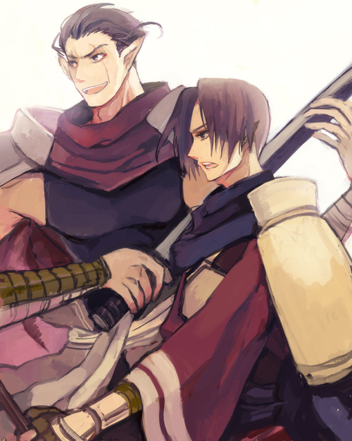 2boys armor bad_id bad_pixiv_id benawi brown_hair japanese_clothes kurou_(utawarerumono) male_focus migratory_tori multiple_boys pointy_ears short_hair simple_background sword utawarerumono weapon white_background