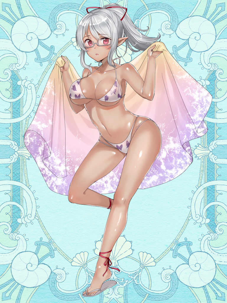 1girl bikini blue_background breasts dark-skinned_female dark_skin full_body glasses grey-framed_eyewear grey_hair haru_(nakajou-28) holding holding_towel kerberos_blade kurutia_dorent leg_ribbon looking_at_viewer medium_breasts navel pointy_ears ponytail red_eyes ribbon sandals shiny_skin standing standing_on_one_leg swimsuit tan towel