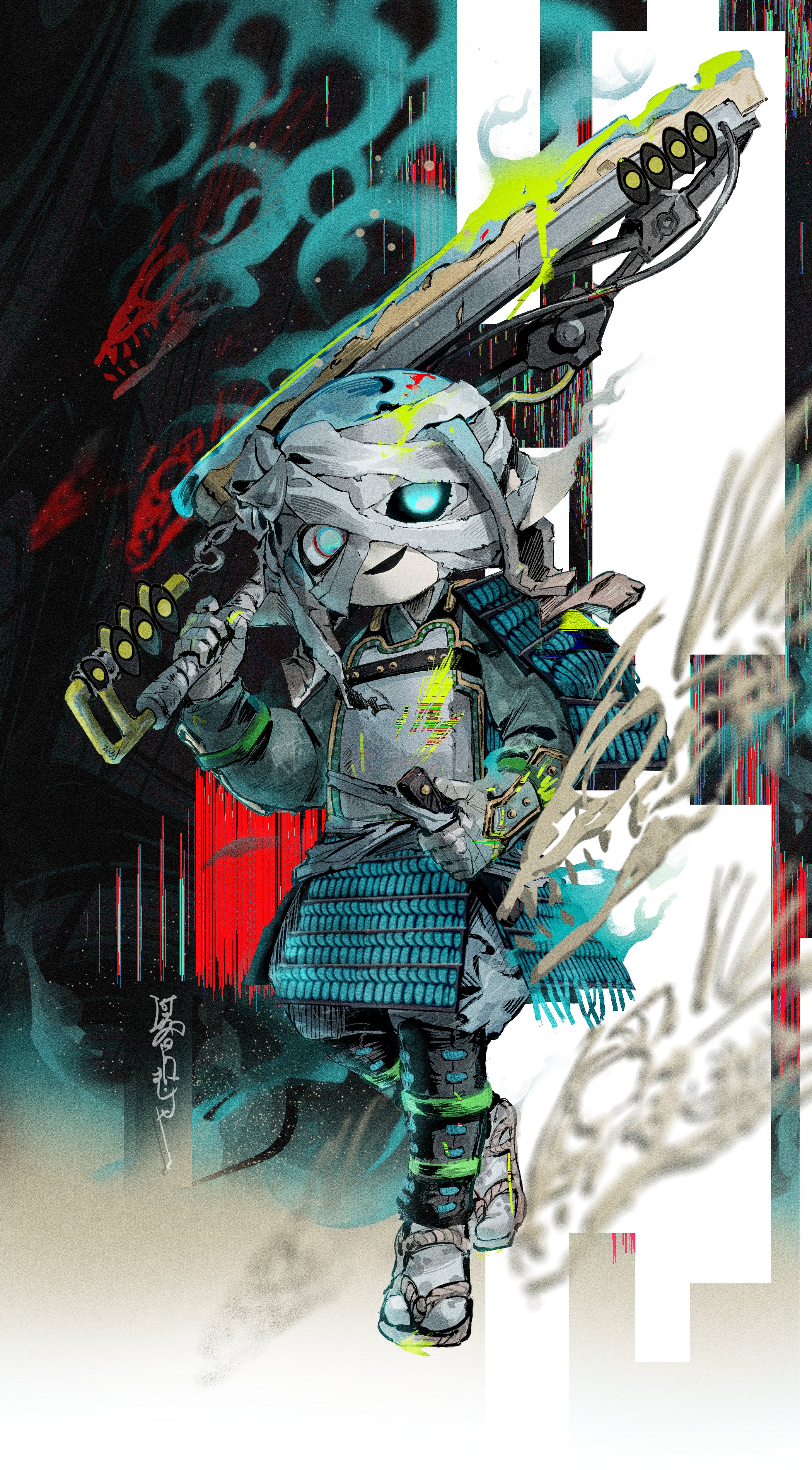 1other absurdres ambiguous_gender aramaki_spla armor bandaged_hand bandaged_head bandages black_sclera black_tongue blue_eyes blue_hair colored_sclera commentary dou full_body highres holding holding_weapon inkling inkling_player_character japanese_armor kusazuri looking_at_viewer mismatched_sclera nintendo open_mouth pale_skin pointy_ears short_hair shoulder_armor smile socks sode splatana_wiper_(splatoon) splatoon_(series) splatoon_3 standing tentacle_hair waraji weapon white_socks