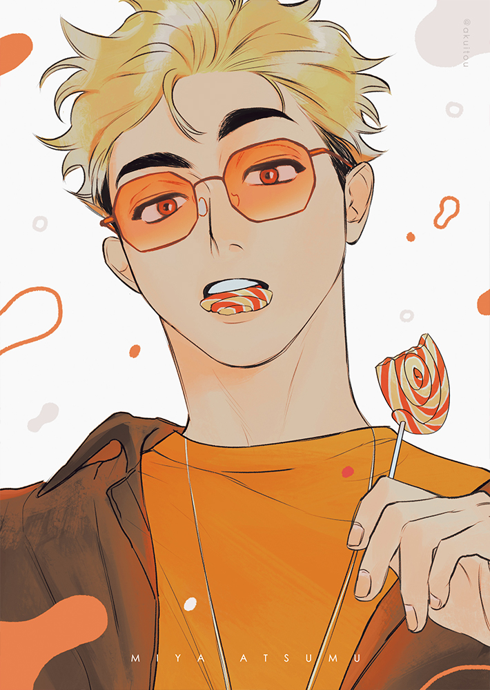 1boy akuitou black_hair black_jacket blonde_hair candy character_name collared_jacket commentary eating food food_in_mouth glasses haikyuu!! holding holding_candy holding_food jacket jewelry lollipop looking_at_viewer male_focus miya_atsumu necklace open_clothes open_jacket orange-tinted_eyewear raised_eyebrow rimless_eyewear short_hair solo swirl_lollipop symbol-only_commentary thick_eyebrows tinted_eyewear upper_body wing_collar