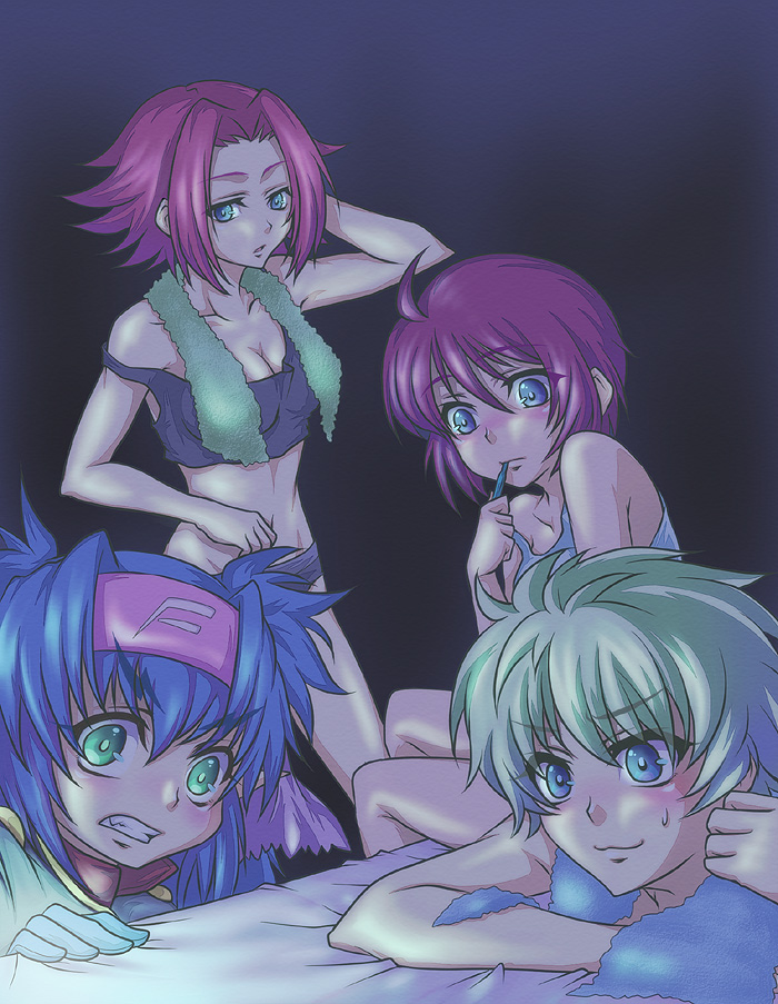 4girls ahoge bare_shoulders bed blue_eyes blue_hair blush breasts cleavage clenched_teeth code_geass crossover ester_elhas flipped_hair gachimatsu green_eyes green_hair gundam gundam_seed gundam_seed_destiny headband klan_klein kouzuki_kallen long_hair lunamaria_hawke macross macross_frontier meltrandi midriff multiple_crossover multiple_girls pajamas pink_hair red_hair short_hair super_robot_wars super_robot_wars_z super_robot_wars_z2 sweatdrop teeth towel twintails underwear
