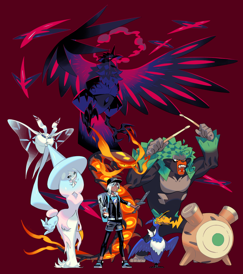 1boy backpack bag baseball_cap black_jacket broken broken_sword broken_weapon centiskorch commentary_request corviknight corvisquire cramorant creatures_(company) dark-skinned_male dark_skin edarow frosmoth full_body game_freak gen_1_pokemon gen_8_pokemon hat hatterene holding holding_sword holding_weapon jacket nintendo pikachu poke_ball pokemon pokemon_(creature) red_background rillaboom shorts simple_background solo standing sword weapon white_hair