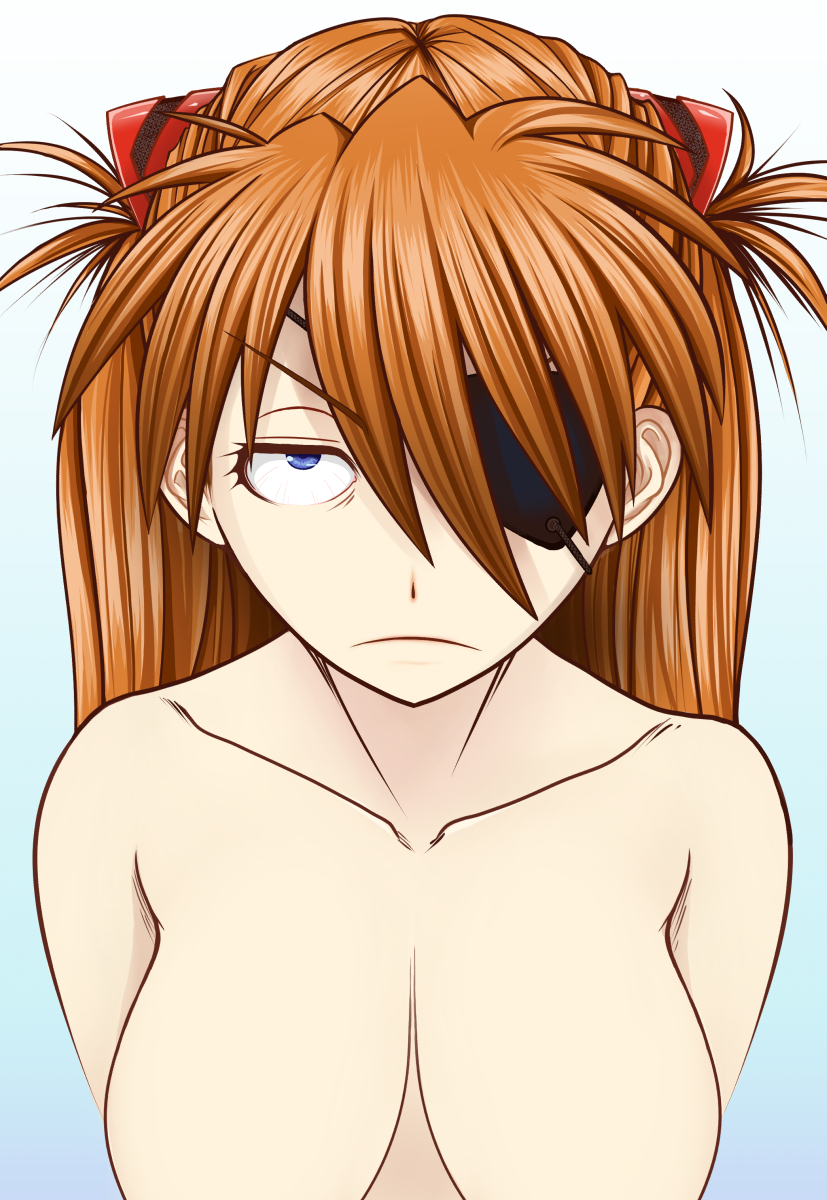 1girl :&lt; alternate_breast_size annoyed arms_under_breasts blue_eyes breasts completely_nude evangelion:_3.0_you_can_(not)_redo eyepatch frown hair_ornament highres large_breasts long_hair looking_at_viewer neon_genesis_evangelion nude out-of-frame_censoring pixiv1478062 rebuild_of_evangelion serious shiny_skin skin_tight solo souryuu_asuka_langley tsundere two_side_up upper_body very_long_hair