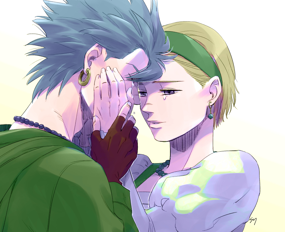 1boy 1girl bead_necklace beads blonde_hair blue_hair brown_gloves camus_(dq11) commentary_request couple crying crying_with_eyes_open dragon_quest dragon_quest_xi earrings fingerless_gloves gloves gold_earrings green_hairband green_shirt hair_pulled_back hairband hand_on_another&#039;s_cheek hand_on_another&#039;s_face hand_on_another&#039;s_hand heads_together hetero hoop_earrings jewelry juliet_sleeves kamei_(yokoshima-ko) long_sleeves necklace official_alternate_hair_length official_alternate_hairstyle parted_lips puffy_sleeves senya_(dq11) shirt short_hair sphere_earrings spiked_hair tears upper_body white_background white_shirt