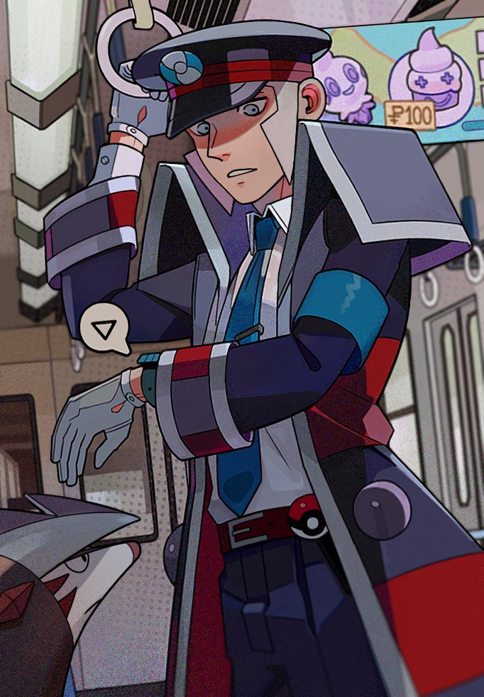 1boy arm_up belt belt_buckle black_hat black_pants blue_necktie brown_belt buckle casteliacone coat collared_shirt commentary english_commentary excadrill gen_5_pokemon gloves grey_eyes grey_hair hat holding image_in_speech_bubble ingo_(pokemon) long_sideburns long_sleeves looking_down male_focus multicolored_coat necktie nintendo pants parted_lips peaked_cap poke_ball poke_ball_(basic) pokedollar pokemon pokemon_bw shirt shirt_tucked_in short_hair sideburns solo speech_bubble teeth train train_interior vanillite very_short_hair weirdrws white_gloves white_shirt wide_sleeves wing_collar