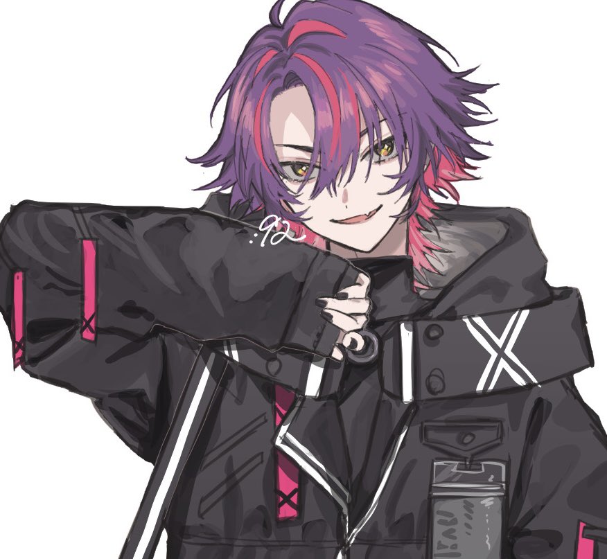 1boy arm_up black_jacket black_nails black_shirt colored_inner_hair fang fingernails hair_between_eyes hair_intakes hood hood_down hooded_jacket jacket kuzumiya_yuyu long_sleeves looking_at_viewer male_focus multicolored_hair nail_polish nijisanji official_alternate_costume open_mouth parted_bangs pink_hair purple_hair shirt short_hair simple_background skin_fang sleeves_past_wrists smile solo streaked_hair turtleneck two-tone_hair upper_body virtual_youtuber watarai_hibari watarai_hibari_(3rd_costume) white_background yellow_eyes