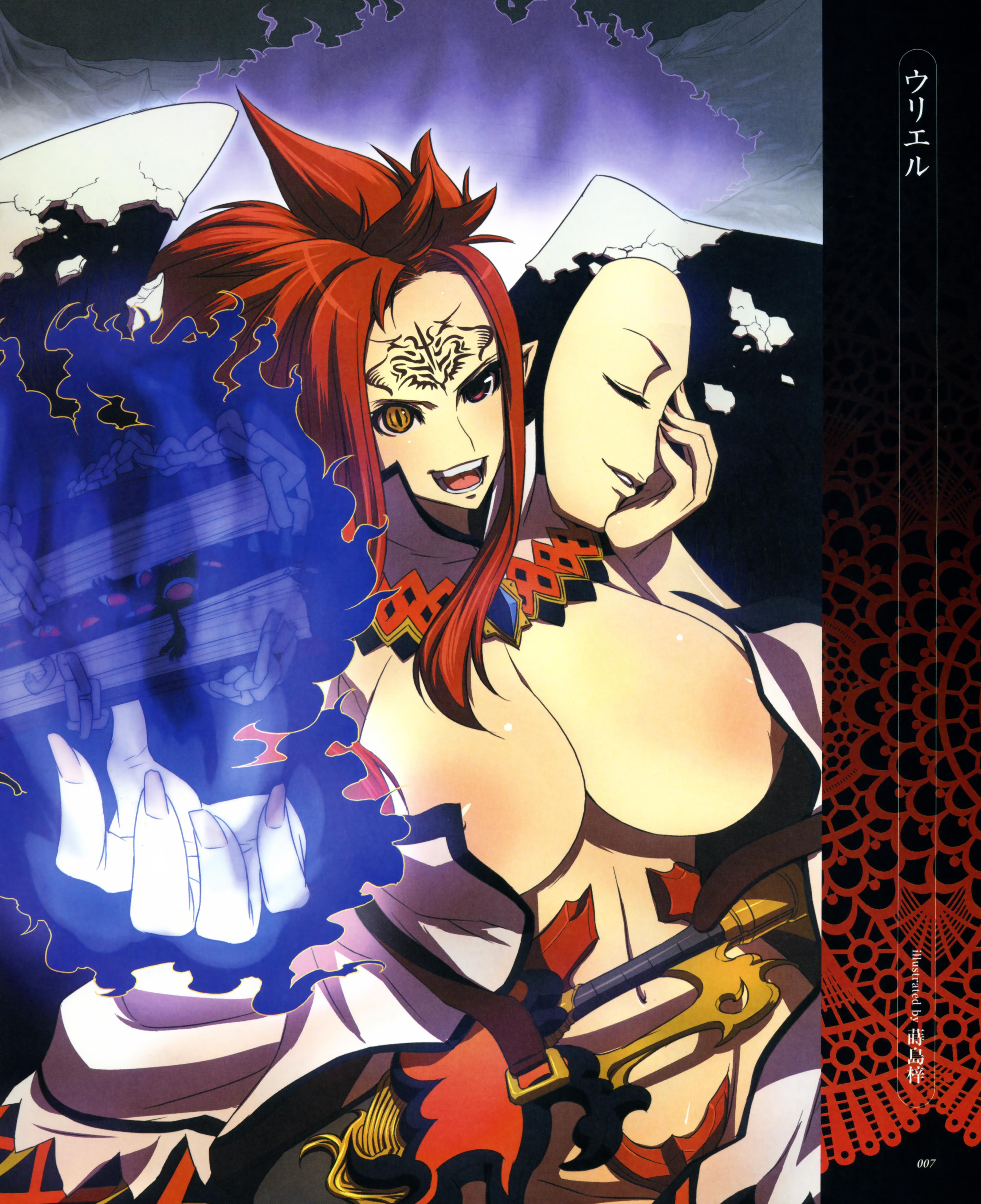 1girl :d absurdres areola_slip book breasts brooch chain cleavage facepaint facial_mark female_focus fingernails fire forehead_mark glowing glowing_eyes heterochromia highres huge_breasts jewelry long_fingernails magic make makishima_azusa mask navel no_bra open_clothes open_mouth open_shirt outstretched_hand red_eyes red_hair scan shirt smile solo spiked_hair sword tattoo weapon yellow_eyes
