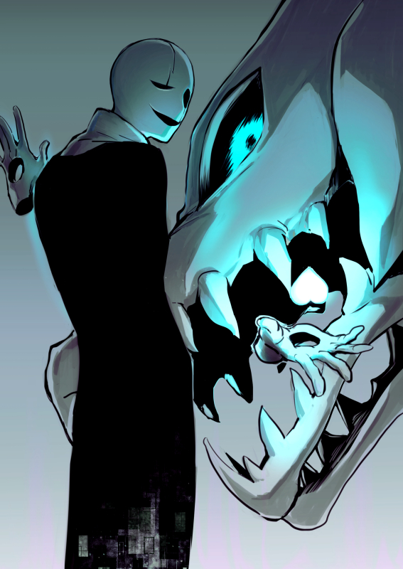 1boy ahin_vpv back black_sclera black_suit blue_eyes colored_sclera disembodied_hand formal_clothes gasterblaster gradient_background male_focus open_mouth smile solo suit undertale w.d._gaster