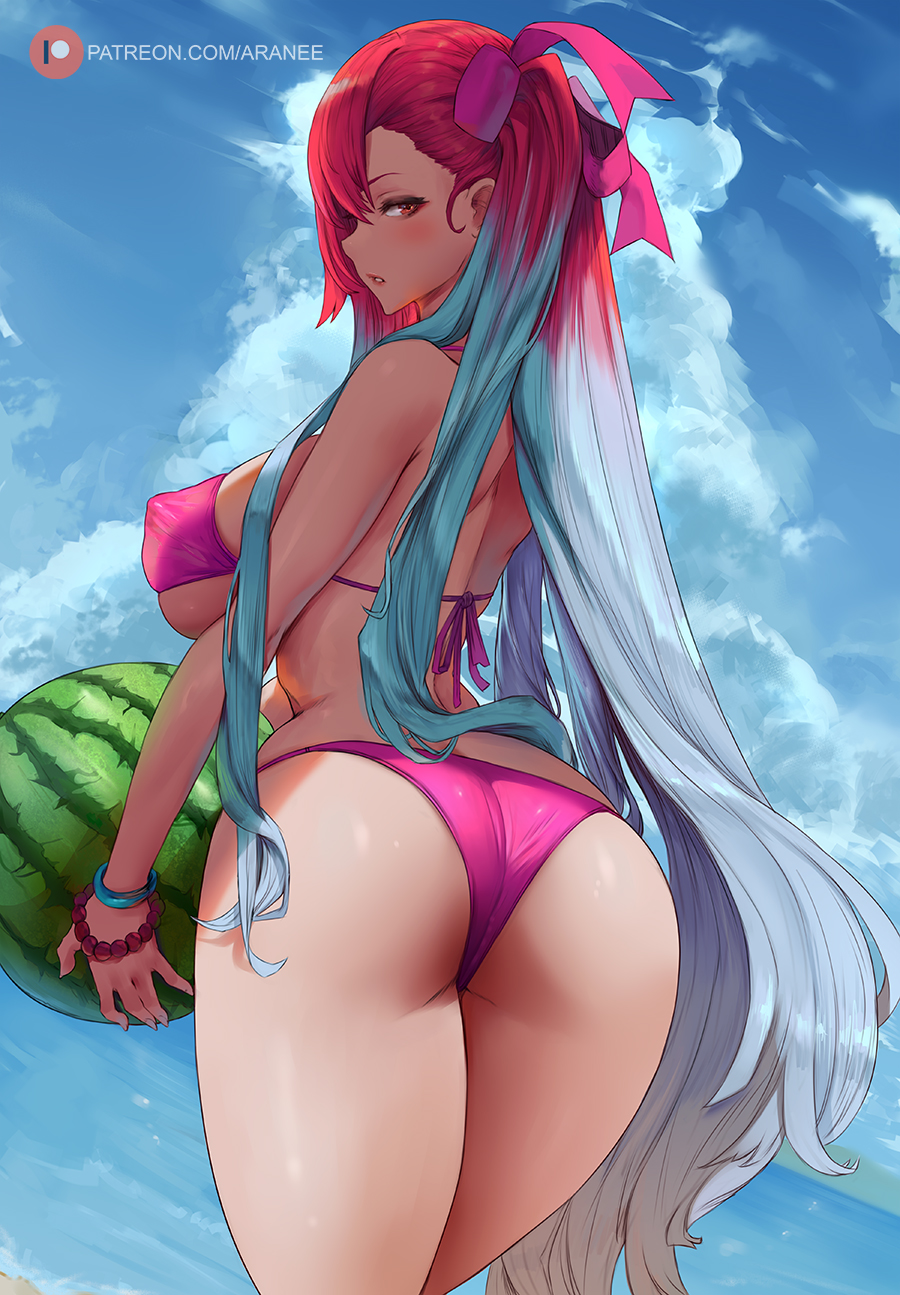 1girl araneesama artist_name ass bare_shoulders bikini blue_hair blue_sky blush bracelet breasts cloud cloudy_sky commentary covered_erect_nipples day english_commentary fingernails food from_behind fruit halterneck highleg highleg_bikini highres holding holding_food jewelry large_breasts lips long_hair looking_at_viewer looking_back multicolored_hair ocean outdoors parted_lips purple_bikini red_eyes red_hair riela_marcellis senjou_no_valkyria senjou_no_valkyria_(series) senjou_no_valkyria_3 shiny_clothes shiny_skin simple_background sky solo string_bikini swimsuit thighs two-tone_hair water watermelon