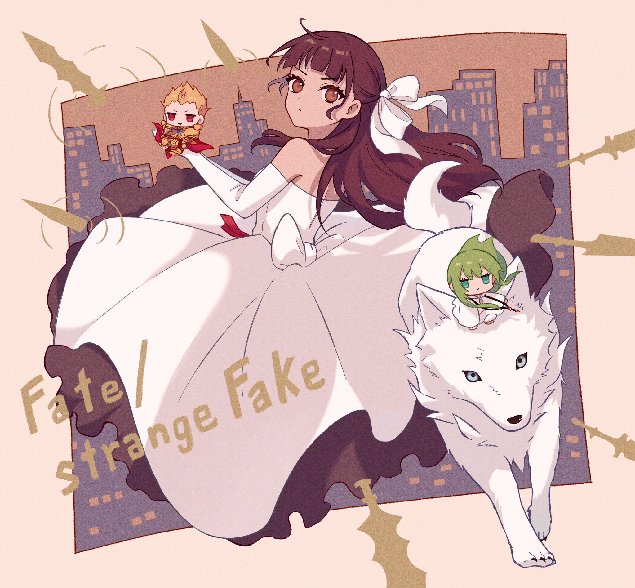 1boy 1girl 1other :< animal back_bow biitu blonde_hair blunt_bangs bow brown_eyes brown_hair chibi closed_mouth copyright_name dress elbow_gloves enkidu_(fate) fate/strange_fake fate_(series) full_body gilgamesh_(fate) gloves green_eyes green_hair hair_bow highres holding long_hair looking_at_viewer off-shoulder_dress off_shoulder red_eyes solo_focus tine_chelc white_bow white_dress white_gloves white_wolf wolf wolf_(fate)