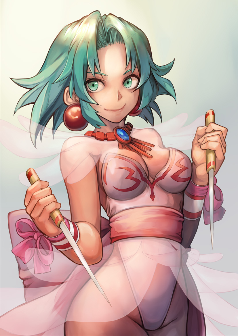 1girl back_bow bow breasts closed_mouth commission cowboy_shot dagger dancer dual_wielding earrings ellis_(toushinden) green_background green_eyes green_hair highleg highleg_leotard hinoru_saikusa holding holding_dagger holding_knife holding_weapon huge_bow jewelry knife leotard looking_at_viewer medium_breasts necklace parted_bangs pink_bow reverse_grip see-through_clothes short_hair simple_background skeb_commission smile solo standing thighs toushinden weapon white_leotard wrist_bow wrist_cuffs