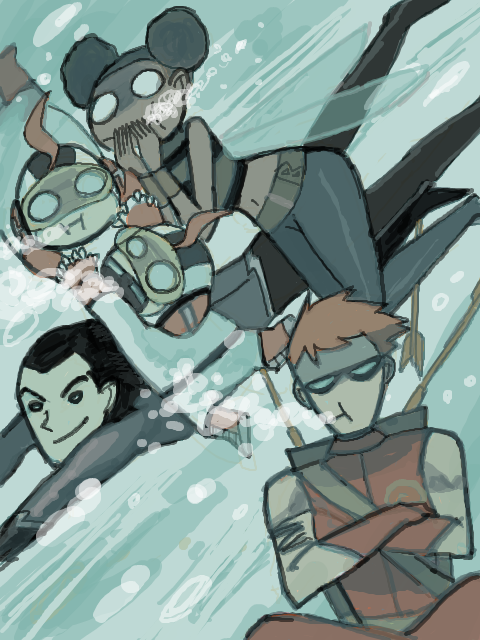 1girl 4boys aqua_lad arrow_(projectile) black_hair bodysuit brothers bubble bumble_bee cartoon_network crossed_arms dark_skin dc_comics domino_mask double_bun garth goggles hair_bun insect_wings karen_beecher long_hair mas_(dc) mask menos_(dc) multiple_boys orange_hair quiver roy_harper shirt siblings sleeveless speedy striped_clothes striped_shirt swimming teen_titans twins underwater wings