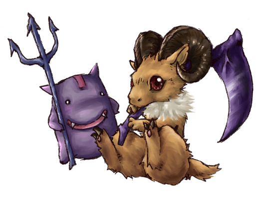 47lgm baphomet_jr creature deviruchi fangs full_body goat holding holding_pitchfork holding_scythe looking_at_viewer no_humans open_mouth pitchfork ragnarok_online red_eyes scythe simple_background sitting white_background