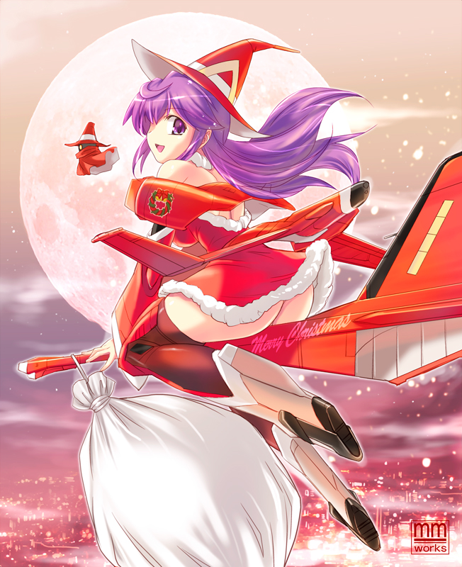 ass bare_shoulders broom broom_riding christmas f-4 f-4_phantom_ii hat juusensha_koubou long_hair mc_axis mecha_musume personification purple_eyes purple_hair solo the_spook thighhighs unconventional_broom witch witch_hat