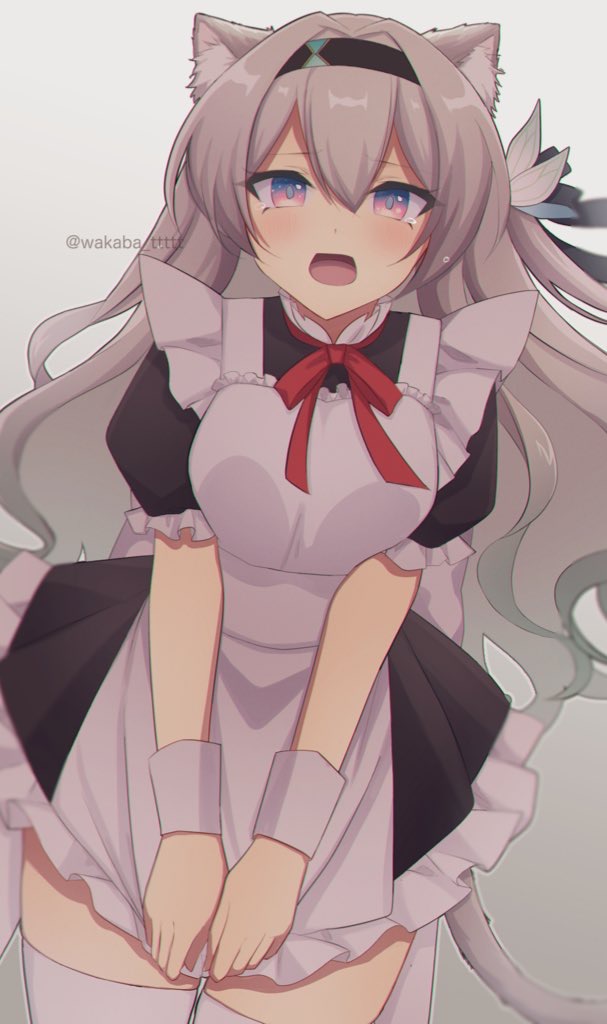 0roshioji3ran 1girl animal_ear_fluff animal_ears blush breasts cat_ears cat_tail dot_nose firefly_(honkai:_star_rail) grey_hair hairband honkai:_star_rail honkai_(series) long_hair looking_at_viewer maid medium_breasts multicolored_eyes open_mouth skirt skirt_tug solo tail thighhighs twitter_username white_thighhighs