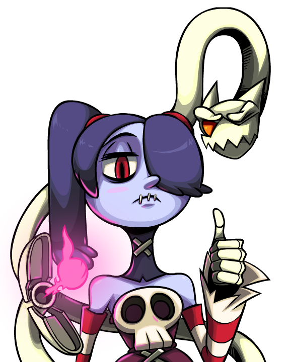 1girl alex_ahad_(style) bare_shoulders blue_hair blue_skin colored_skin detached_collar detached_sleeves female_focus fire hair_over_one_eye leviathan_(skullgirls) long_hair one_eye_closed parody red_eyes revision side_ponytail skull skullgirls solo squigly_(skullgirls) stitched_mouth stitches striped_sleeves style_parody thumbs_up transparent transparent_background wink zombie zone_(artist)