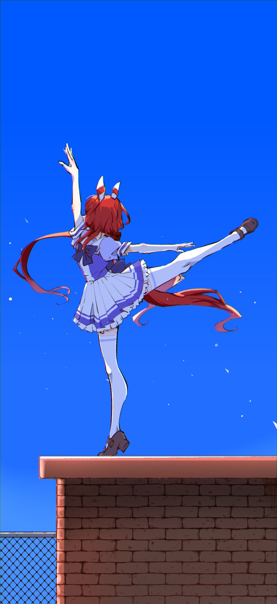 1girl animal_ears ballerina ballet bow bowtie ear_covers female_focus hair_ornament hand_up highres horse_ears horse_girl horseshoe_ornament leg_up long_hair low_twintails pleated_skirt puffy_short_sleeves puffy_sleeves purple_bow purple_bowtie purple_shirt red_hair sailor_collar sailor_shirt school_uniform shirt short_sleeves skirt solo standing standing_on_one_leg tail tracen_school_uniform tsukasa_(avdx5538) twintails umamusume white_skirt win_variation_(umamusume)