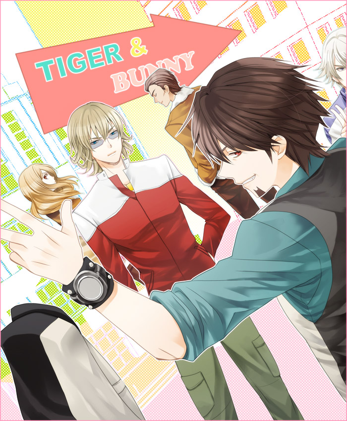 10s 4boys antonio_lopez bad_id bad_pixiv_id barnaby_brooks_jr. blonde_hair brown_eyes brown_hair newsboy_cap copyright_name dark_skin dark-skinned_male facial_hair glasses green_eyes hat ivan_karelin jacket jewelry kaburagi_t._kotetsu karina_lyle kuro_ya letterman_jacket long_hair male_focus multiple_boys necklace necktie purple_eyes purple_jacket red_jacket short_hair stubble tiger_&amp;_bunny tokitou_fuji v vest waistcoat watch wristwatch