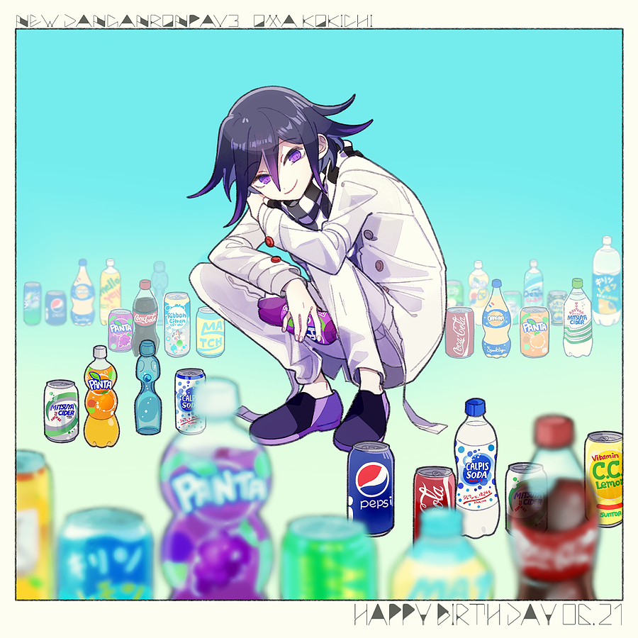 1202_koge 1boy blue_background blurry blurry_background blurry_foreground bottle brand_name_imitation c.c._lemon calpis checkered_clothes checkered_scarf coca-cola commentary_request danganronpa_(series) danganronpa_v3:_killing_harmony depth_of_field flats full_body holding holding_bottle idolmaster jacket long_sleeves looking_at_viewer male_focus mellow_yellow_(idolmaster) mitsuya_cider orangina oma_kokichi pants pepsi purple_eyes purple_hair ramune scarf shoes smile soda soda_bottle solo sprite_(drink) squatting straitjacket white_jacket white_pants