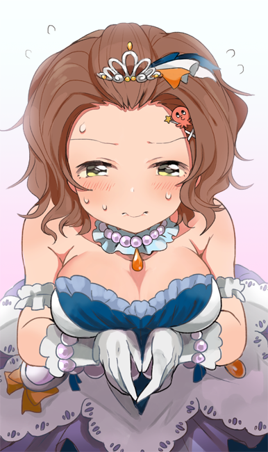 1girl arm_garter arms_under_breasts bare_shoulders blue_collar blue_dress bracelet breasts brown_hair cleavage closed_mouth collar detached_collar dot_nose dress flying_sweatdrops gloves gradient_background hair_ornament idolmaster idolmaster_cinderella_girls idolmaster_cinderella_girls_starlight_stage jewelry medium_breasts namba_emi necklace octopus_hair_ornament pearl_bracelet pearl_necklace purple_background short_hair shy simple_background sleeveless sleeveless_dress solo starry_sky_bright_(idolmaster) sweat tiara toi_(toiot) wavy_hair wavy_mouth white_gloves x_hair_ornament yellow_eyes