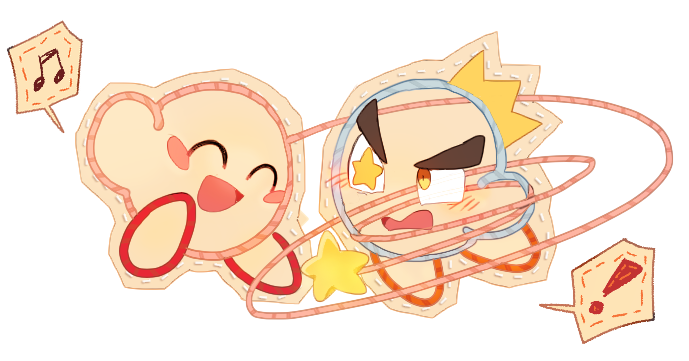 ! blush blush_stickers crown kirby kirby&#039;s_epic_yarn kirby_(series) looking_at_another musical_note nintendo no_humans nt_26 open_mouth prince_fluff simple_background spoken_musical_note star_(symbol) thick_eyebrows whip white_background yarn