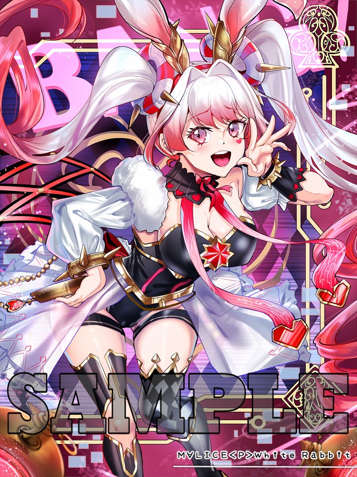 1girl animal_ears asymmetrical_clothes asymmetrical_legwear black_leotard blush breasts checkered_background checkered_clothes checkered_legwear cleavage double_bun duel_monster hair_bun hairband heart heart_tattoo holding holding_pocket_watch kalian large_breasts leotard long_hair looking_at_viewer maliss_&lt;p&gt;_white_rabbit multicolored_hair open_mouth pink_eyes pocket_watch rabbit_ears rabbit_girl rabbit_tail sample_watermark smile solo spiked_hairband spikes tail tattoo two-tone_hair very_long_hair watch watermark yu-gi-oh!