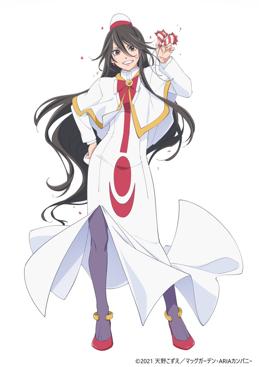 1girl akira_ferrari anklet aria_(manga) arm_up bow bowtie brown_eyes brown_hair capelet copyright_notice dress full_body gold_trim hair_between_eyes hand_on_own_hip hat himeya_company_uniform holding holding_party_popper itou_youko jewelry long_dress long_hair looking_at_viewer official_art pantyhose party_popper purple_pantyhose red_bow red_bowtie red_footwear second-party_source side_slit simple_background smile solo standing teeth very_long_hair white_background white_capelet white_dress white_hat