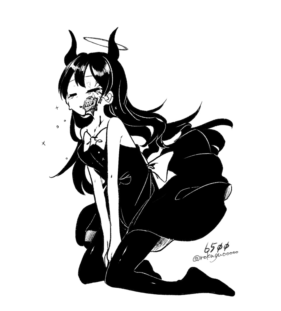 1girl alice_angel back_bow bare_arms bare_shoulders bendy_and_the_ink_machine blood blood_on_chest bow bowtie breasts bubble c_asca closed_eyes collarbone commentary_request cracked_skin deep_wound demon_horns double-parted_bangs dress full_body hair_between_eyes halo high_contrast horns injury long_hair medium_breasts monochrome no_shoes pantyhose simple_background solo sparkle strapless strapless_dress tearing_up v_arms white_background