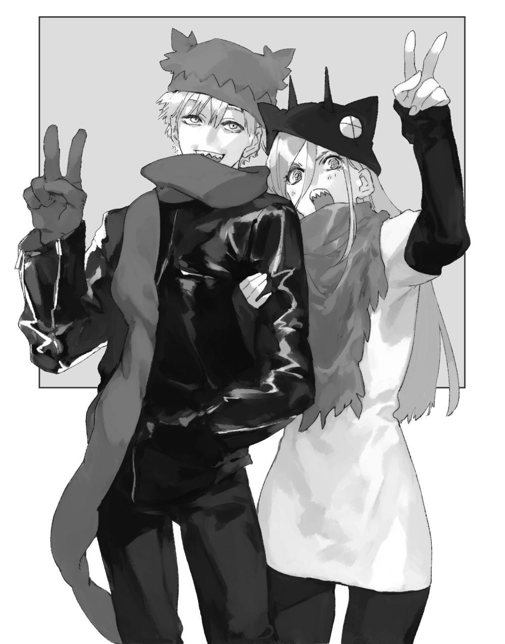1boy 1girl black_pants black_shirt blush chainsaw_man cosplay denji_(chainsaw_man) denji_(chainsaw_man)_(cosplay) fang fangs fingerless_gloves gloves hat highres holding_own_arm hood hood_up hoodie horns jacket leather leather_jacket long_hair long_sleeves ooinarumame open_mouth pants power_(chainsaw_man) power_(chainsaw_man)_(cosplay) scarf sharp_teeth shirt short_hair three-quarter_sleeves teeth tongue v white_background white_shirt