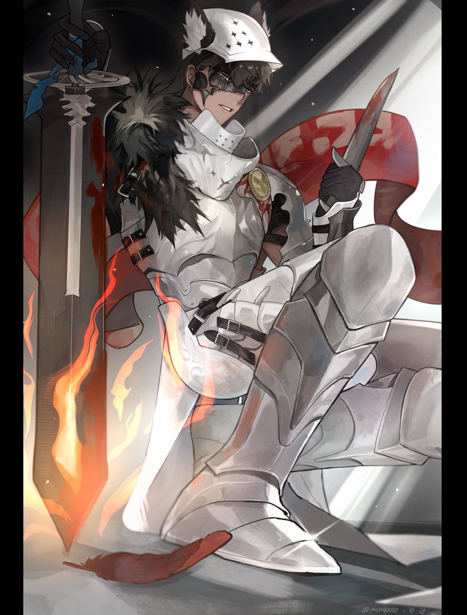 1boy animal_ear_headwear armor armored_boots black_gloves black_hair boots breastplate cape fake_animal_ears feathers fire flaming_weapon full_body gloves helmet highres holding holding_knife holding_sword holding_weapon j_(reverse:1999) knife male_focus mask_over_one_eye miki_(mangoose_e) official_alternate_costume pants pillarboxed planted planted_sword planted_weapon red_cape red_feathers reverse:1999 short_hair solo spotlight squatting sword weapon white_helmet white_pants