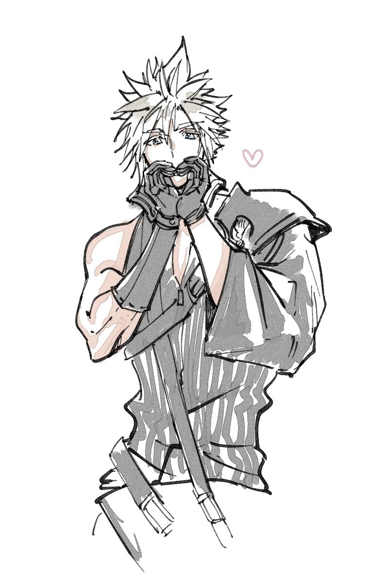 1boy armor belt black_gloves blonde_hair blue_eyes cloud_strife final_fantasy final_fantasy_vii final_fantasy_vii_advent_children gloves heart heart_hands high_collar male_focus multiple_belts pauldrons shio_ga shirt short_hair shoulder_armor single_pauldron spiked_hair waist_cape white_background