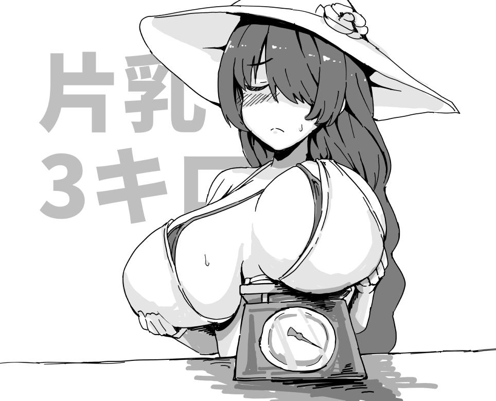 1girl bikini black_hair blue_archive breasts closed_eyes hair_over_one_eye hat hinata_(blue_archive) hinata_(swimsuit)_(blue_archive) japanese_text large_breasts monochrome niceratus_kiotensis scales solo sweatdrop swimsuit upper_body