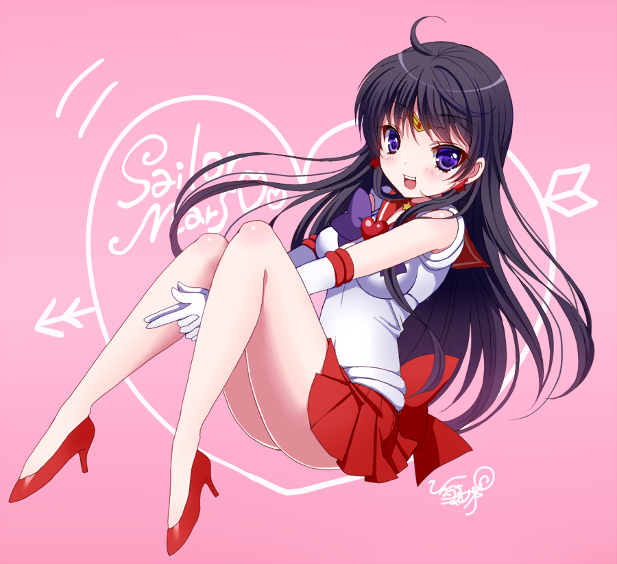 1girl bishoujo_senshi_sailor_moon black_hair character_name choker circlet commentary_request earrings finger_gun full_body heart high_heels hino_rei jewelry long_hair looking_at_viewer magical_girl miniskirt miskiss open_mouth pink_background pleated_skirt purple_eyes sailor_collar sailor_mars sailor_senshi_uniform short_sleeves skirt solo star_(symbol) star_earrings