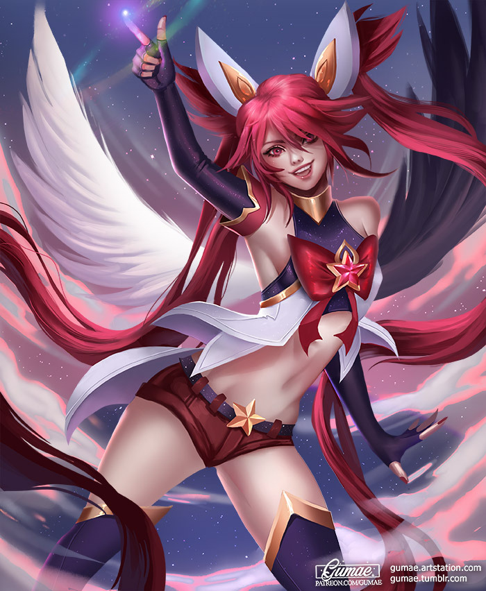 1girl alternate_costume alternate_hair_color alternate_hairstyle bare_shoulders belt black_gloves black_thighhighs bow elbow_gloves female_focus fingerless_gloves gloves gumae hair_ornament jinx_(league_of_legends) league_of_legends lipstick long_hair magical_girl makeup red_bow red_eyes red_hair red_lips red_neckwear short_shorts shorts solo star_guardian_(league_of_legends) star_guardian_jinx thighhighs twintails very_long_hair
