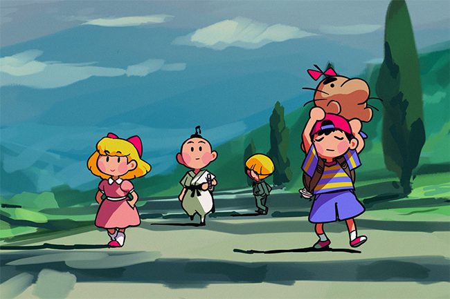 1girl 1other 3boys backwards_hat baseball_cap belt black_belt black_eyes black_hair blonde_hair blue_shirt blue_shorts blue_sky blush bob_cut bow braid carrying casual charm_(object) closed_eyes cloud day doseisan dougi dress facing_viewer formal_clothes green_suit hair_ribbon hands_in_pockets hat jeff_andonuts long_sleeves looking_ahead looking_back martial_arts_belt matt_cummings mother_(series) mother_2 multiple_boys ness_(mother_2) nintendo outdoors pants paula_(mother_2) pink_dress ponytail poo_(mother_2) red_ribbon ribbon road shadow shirt short_hair shorts single_braid sky standing striped_clothes striped_shirt suit sword tree ufo vertical-striped_clothes vertical-striped_shirt walking weapon whiskers white_ribbon