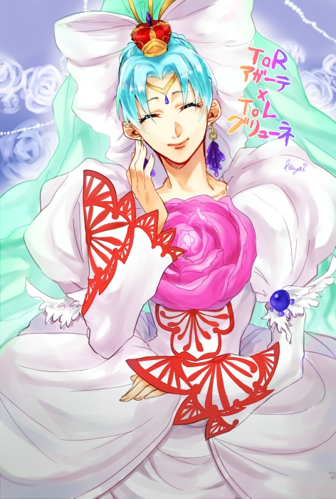 1girl agarte_lindblum agarte_lindblum_(cosplay) blue_background blue_hair bow character_name circlet closed_eyes closed_mouth cosplay cowboy_shot crown dress earrings facing_viewer female_focus flower grune_(tales) hair_bow huge_bow izayoi_(hosiume-sukonnbu) jewelry mini_crown parted_bangs red_crown short_hair smile solo tales_of_(series) tales_of_legendia tales_of_rebirth veil white_bow white_dress