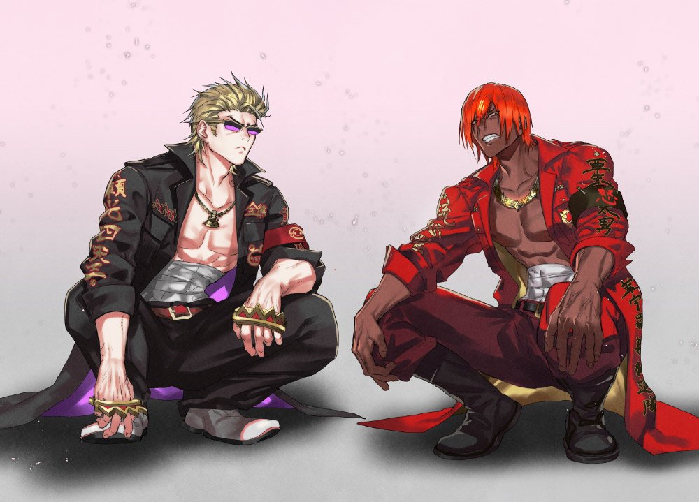 2boys ashwatthama_(fate) blonde_hair dark-skinned_male dark_skin fate/grand_order fate_(series) hair_between_eyes hair_over_one_eye kuroba.k long_sleeves loose_clothes male_focus midriff_sarashi multiple_boys muscular pants red_hair sakata_kintoki_(fate) sakata_kintoki_(rider)_(fate) sarashi short_hair simple_background sitting sleeves_rolled_up sunglasses yellow_eyes
