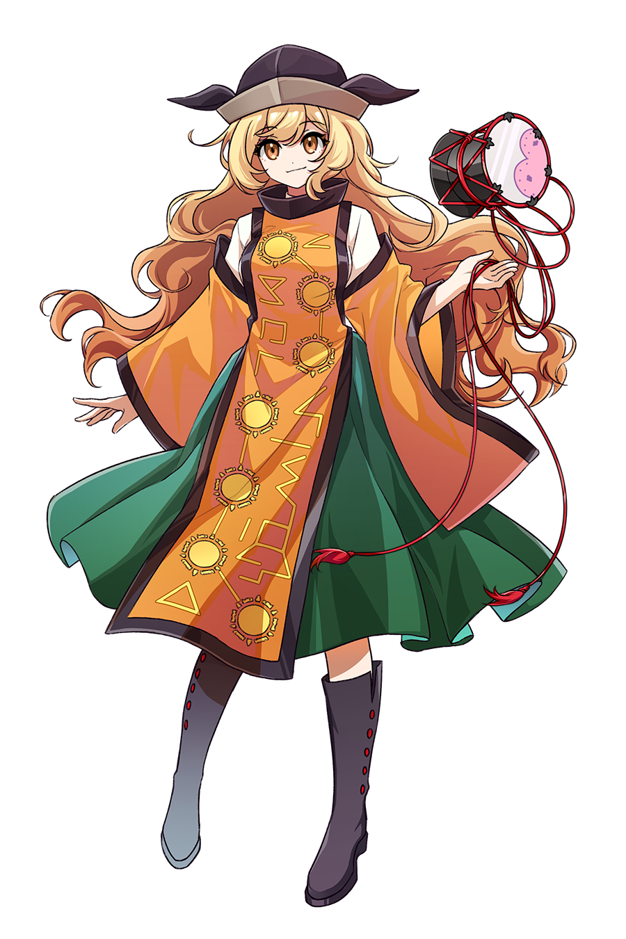1girl artist_request black_boots blonde_hair boots breasts brown_hat closed_mouth commentary_request constellation_print detached_sleeves drum full_body green_skirt hat highres instrument long_hair long_sleeves looking_at_viewer matara_okina orange_sleeves orange_tabard second-party_source skirt smile solo sun_print tabard tachi-e touhou transparent_background tsuzumi very_long_hair wide_sleeves yellow_eyes