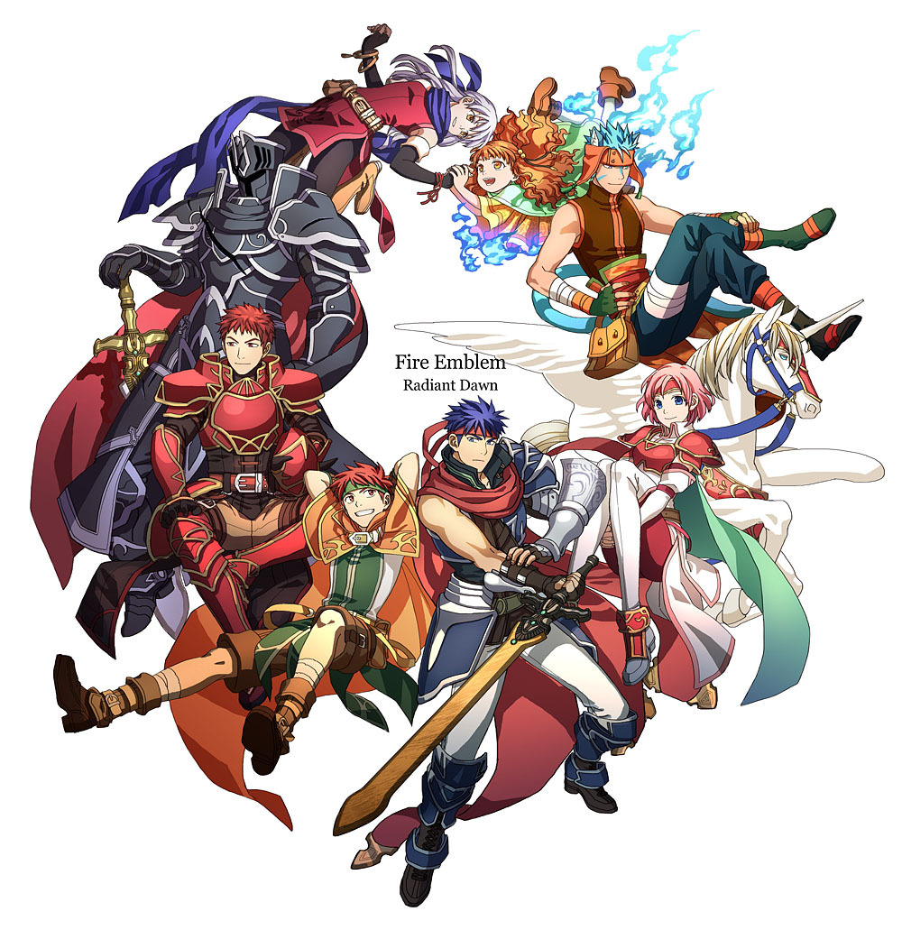 2girls 5boys alondite animal_ears armor black_armor black_cape black_knight_(fire_emblem) blue_eyes blue_hair blue_scarf cape cat_boy cat_ears commentary_request copyright_name donta30303 elbow_gloves fingerless_gloves fire_emblem fire_emblem:_radiant_dawn gloves headband helmet heterochromia holding holding_sword holding_weapon ike_(fire_emblem) kieran_(fire_emblem) laguz_(fire_emblem) long_hair long_scarf marcia_(fire_emblem) micaiah_(fire_emblem) multiple_boys multiple_girls nintendo orange_eyes orange_hair pauldrons pegasus pink_hair ragnell ranulf_(fire_emblem) red_armor red_cape red_eyes red_hair red_headband scarf short_hair shoulder_armor smile sword tail tormod_(fire_emblem) two-sided_cape two-sided_fabric weapon white_background white_hair yune_(fire_emblem)
