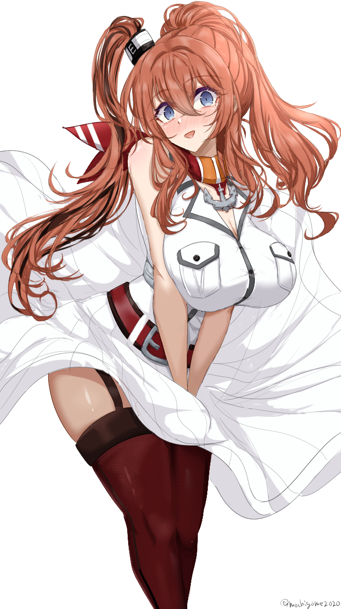1girl anchor_choker belt blue_eyes breasts brown_hair chamumi_(mochiumee) cleavage cowboy_shot dress highres kantai_collection kneehighs large_breasts looking_at_viewer open_mouth pocket red_belt red_scarf red_socks saratoga_(kancolle) scarf side_ponytail simple_background skirt smile socks solo white_background white_dress