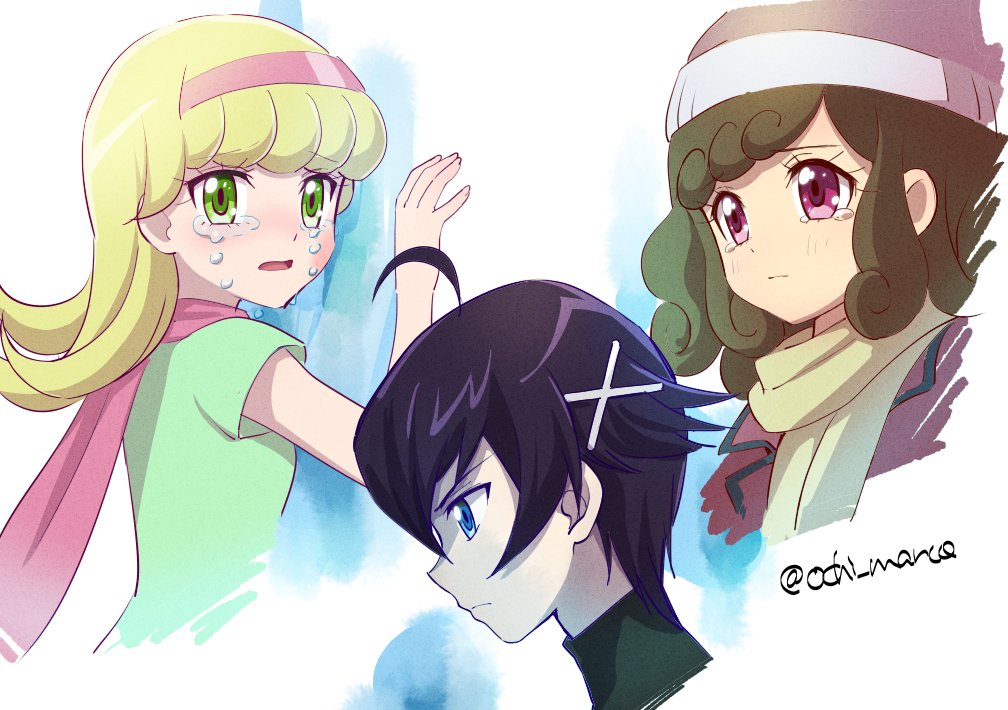 1boy 2girls atachi_manya black_hair blonde_hair blue_eyes brown_hair crying crying_with_eyes_open dress frown goha_yuuna green_dress green_eyes hairband multiple_girls ochi_marco pink_eyes pink_hairband pink_scarf sad scarf simple_background sougetsu_manabu tearing_up tears twitter_username yu-gi-oh! yu-gi-oh!_go_rush!!
