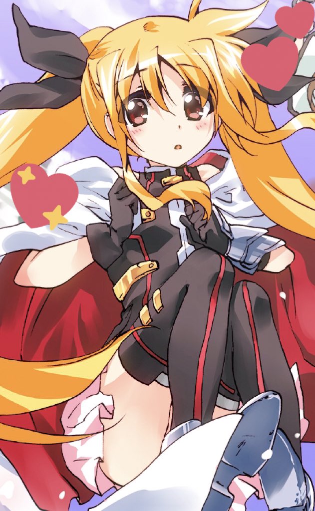 1girl armor black_gloves black_leotard black_ribbon black_thighhighs blonde_hair blush boots capelet commentary_request fate_testarossa fate_testarossa_(blaze_form) female_focus flying_sweatdrops gloves greaves hair_ribbon heart heart_hands kuroi_mimei legs_up leotard light_blush long_hair looking_at_viewer lyrical_nanoha magical_girl mahou_shoujo_lyrical_nanoha mahou_shoujo_lyrical_nanoha_a&#039;s mahou_shoujo_lyrical_nanoha_the_movie_2nd_a&#039;s miniskirt pink_skirt pleated_skirt print_thighhighs red_eyes ribbon skirt solo star_(symbol) star_symbol_background thighhighs twintails white_boots white_capelet
