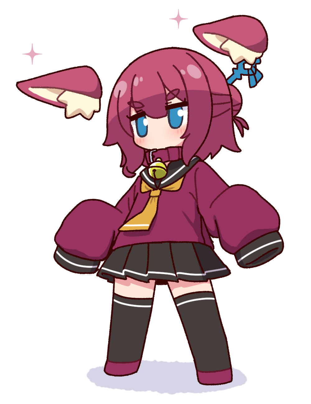 1girl alternate_color animal_ear_fluff animal_ears bell belt_collar black_sailor_collar black_skirt black_thighhighs blue_eyes blush chibi collar detached_ears fox_ears fox_girl full_body hair_bun hair_ornament hair_stick highres jingle_bell kemomimi-chan_(naga_u) long_sleeves miniskirt naga_u neck_bell no_mouth original pleated_skirt purple_collar purple_footwear purple_hair purple_shirt sailor_collar school_uniform serafuku shirt short_hair simple_background single_hair_bun skirt sleeves_past_fingers sleeves_past_wrists solo sparkle standing thick_eyebrows thighhighs v-shaped_eyebrows white_background
