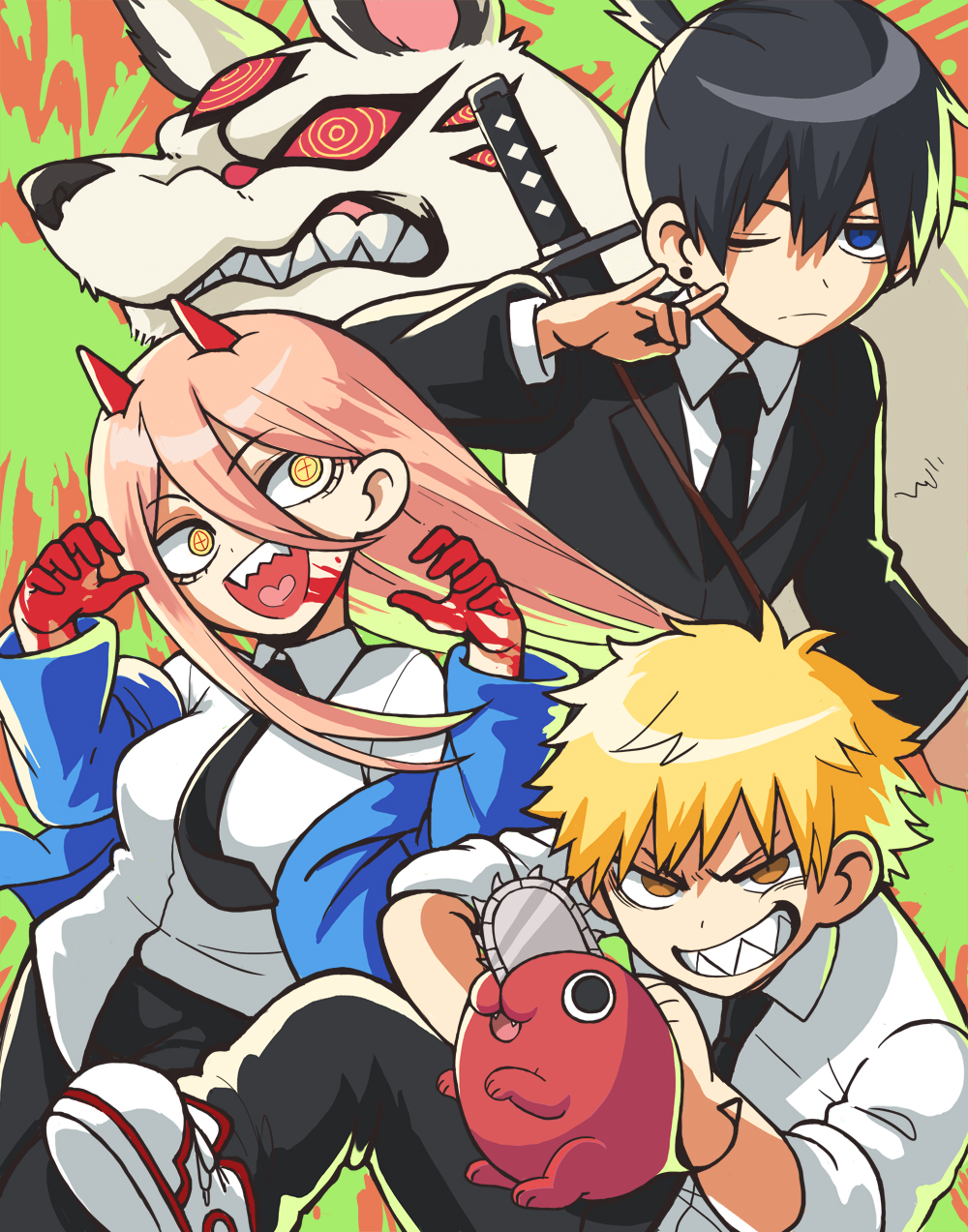 +_+ 1girl 2boys black_hair blonde_hair blood blood_on_face blood_on_hands blue_eyes brown_eyes chainsaw_man denji_(chainsaw_man) dress_shirt formal_clothes fox_devil_(chainsaw_man) hayakawa_aki highres monotsuki multiple_boys neck one_eye_closed pink_hair pochita_(chainsaw_man) power_(chainsaw_man) shirt shoes smile sneakers suit
