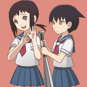 00s 2girls awa baseball_bat black_hair blue_sailor_collar blue_skirt brown_hair female_focus grey_eyes holding holding_baseball_bat jaggy_lines kaga_ai lowres mitama_mayo mole mole_under_eye multiple_girls neckerchief oekaki open_mouth pink_background ponytail red_neckerchief sailor_collar sayonara_zetsubou_sensei school_uniform serafuku short_hair simple_background skirt smile yellow_eyes